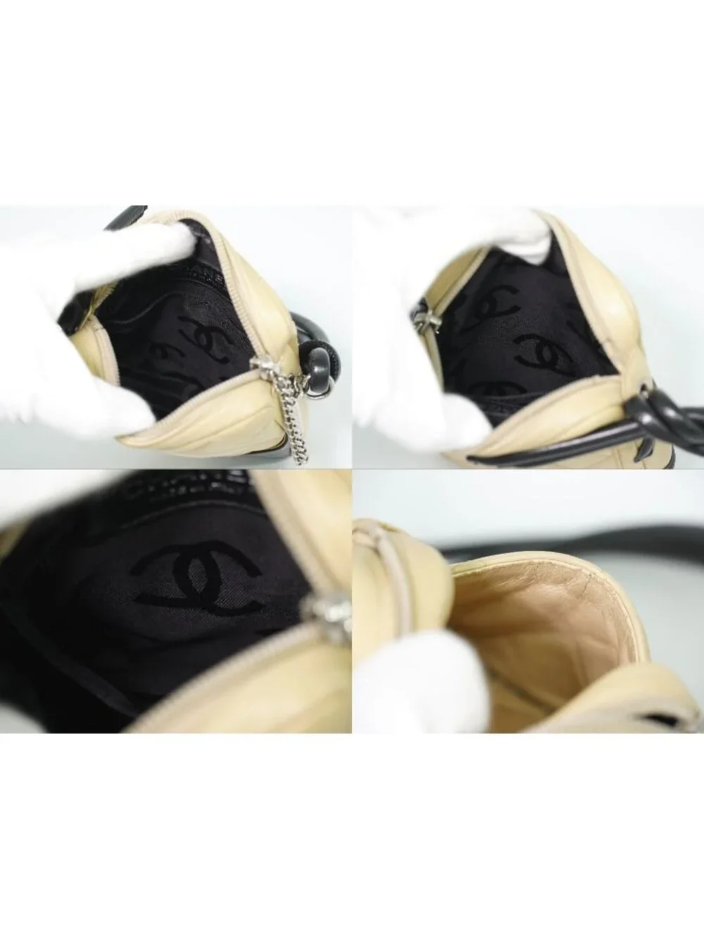 Chanel CC Logo Cambon Line Shoulder Bag Pochette Lambskin Leather Beige Black